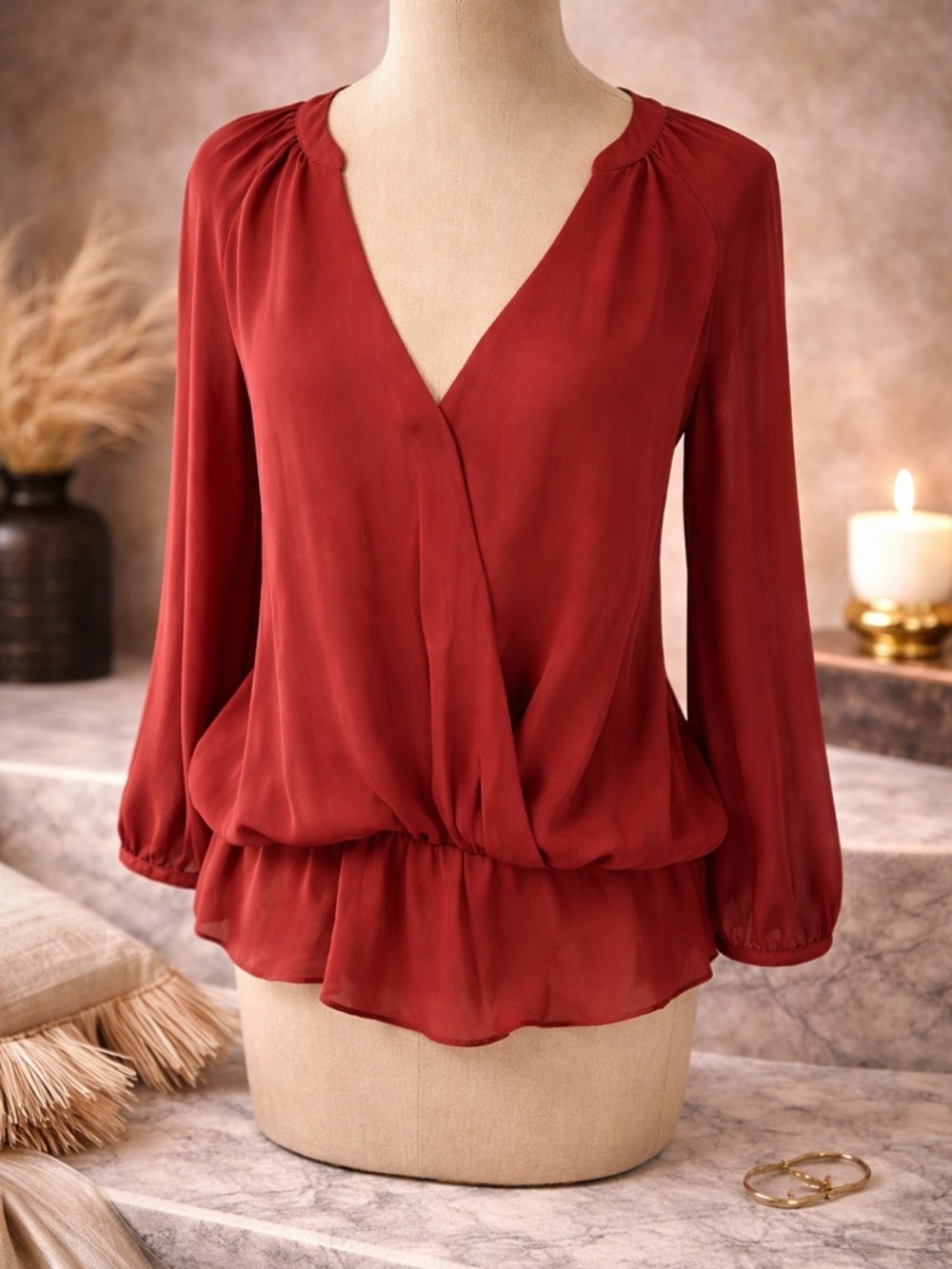 Josie Red Silk long sleeve Blouse XS work